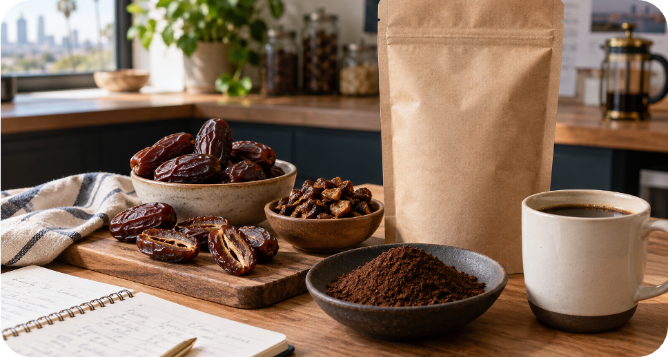 Wooden kitchen table with a bowl of dates, a ceramic cup of coffee, ground coffee, and a kraft paper pouch